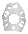Front view of stainless steel pinion yoke wrench plate for automotive axles; central round hole, two square openings, and oblong slots
