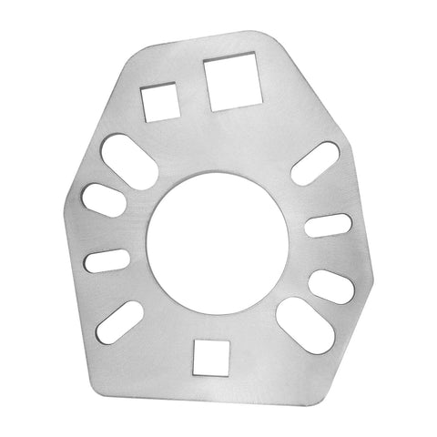 Front view of stainless steel pinion yoke wrench plate for automotive axles; central round hole, two square openings, and oblong slots