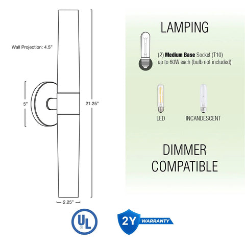 Diagram with dimensions and lamp details of Duo 21 Inch Modern Wall Sconce With Frosted Glass Cylinder Shades Linear Two Light Silver Wall Light.