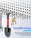 Two Pack Multi Prong Pegboard Accessories Organizer Kit With Tool Storage Hooks holding wrench, shovel, and keys in garage