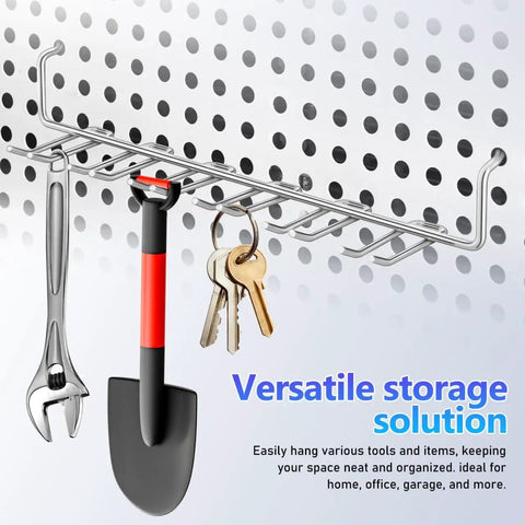 Two Pack Multi Prong Pegboard Accessories Organizer Kit With Tool Storage Hooks holding wrench, shovel, and keys in garage