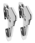Two silver screw-in hydraulic cabinet hinges for kitchen cupboards and wardrobes, metal chrome finish, front view
