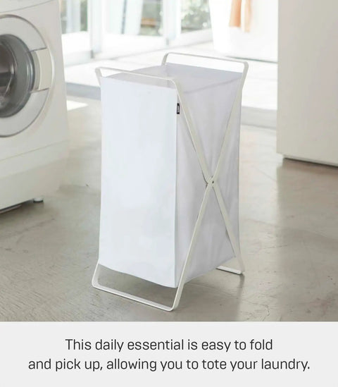 Foldable Laundry Basket With Steel Frame And Polyester Bag Portable Hamper Organizer For Home Collapsible Laundry Tote In White No Sweat Easy Carry For Laundry Day And Quick Storage in a laundry room setting