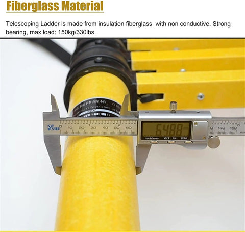 Close-up of Badass Telescoping Ladder Built Legit Tough Non Conductive Fiberglass with measuring caliper detail.
