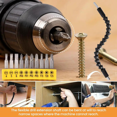 Tough As Nails 17 Piece Flexible Drill Bit Extension Kit With Pro Grade 360 Rotating Socket Adapter And Quarter Inch Hex Shank For Power Tools And Manual Drivers showing drill extension and bits.