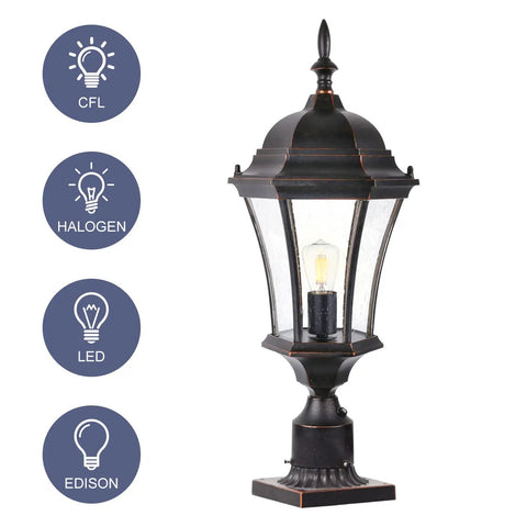 Outdoor Dusk To Dawn Post Light Lantern, 20 Inch High Bronze Lamp Post With Pier Mount, shown with various bulb types and seeded glass shade.