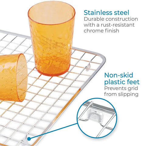 Stainless Steel Sink Grid Protector Kitchen And Bath Rugged Dish Rack with non-skid feet and orange glasses on top.
