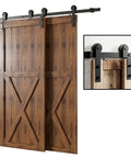 Sliding Barn Door Hardware Track System With Bent Hangers, Anti Jump Rollers, black finish, shown on wood doors.