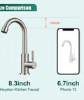 Slick Single Handle Gooseneck Bar Sink Faucet Finished In Brushed Nickel And Built From Commercial Grade SUS304 Stainless Steel next to phone for size comparison.
