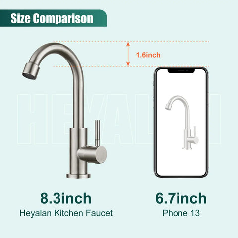 Slick Single Handle Gooseneck Bar Sink Faucet Finished In Brushed Nickel And Built From Commercial Grade SUS304 Stainless Steel next to phone for size comparison.