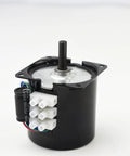 CHANCS 60KTYZ gear motor with gearbox, angled side view, black housing, output shaft, white 6-pin connector
