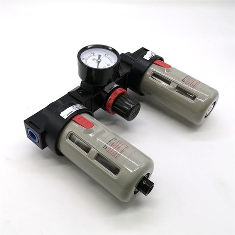 Three Unit Air Source Treatment FRL Combo For Pneumatic Systems with filter, regulator, and lubricator, black and beige units, top view