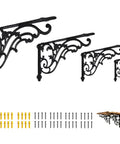 16 Inch Cast Iron Shelf Brackets 4 Pack Black Corbels Built Different Heavy Duty Wall Mounted Shelf Supports Up To One Hundred Pounds With Mounting Hardware and screws displayed.
