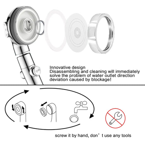 Diagram showing disassembly of High Pressure Handheld Shower Head With On Off Pause Switch No Fuss 3 Settings Water Saving 1.6 GPM Chrome Finish Easy Shutoff For Adults Kids Disabled Pets RV Camper Shower Accessory