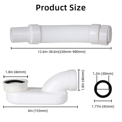 Flexible Freestanding Tub Drain Kit Featuring Slick Low Profile Flat P Trap, size dimensions and ABS plastic material.