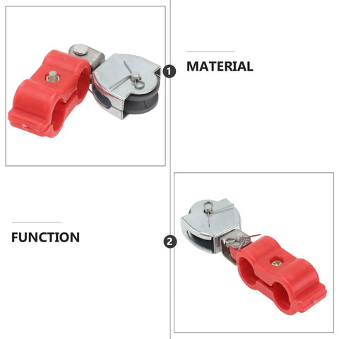 Tough As Nails Five Piece Steel Wire Rope Pulley Set Featuring Rock Solid Industrial Hoisting Blocks With Slick Semi Plastic Sheaves For Heavy Duty Workshop Rigging And Chain Lifting Gear, showing red semi-plastic sheave.