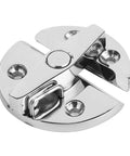 Close-up of turn catch rotate lock, chrome 316 stainless steel marine hardware with circular base and latch