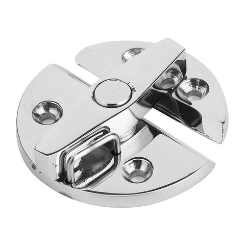 Close-up of turn catch rotate lock, chrome 316 stainless steel marine hardware with circular base and latch
