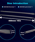 16 Inch SDS Max Hammer Drill Chisel Set With 1 Inch Flat And Point Chisels Image Showing Size and Details