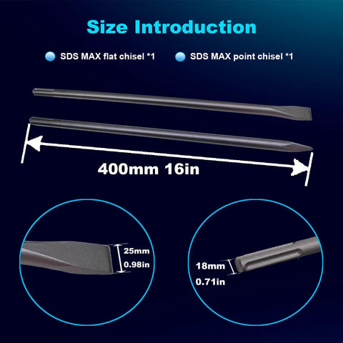 16 Inch SDS Max Hammer Drill Chisel Set With 1 Inch Flat And Point Chisels Image Showing Size and Details