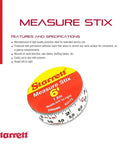 Tape Measure Stix With Easy To Attach Adhesive Backing Mounts On Work Bench Saw Table Or Drafting Table For Quick At A Glance Measurements Three Quarter Inch By Two Meters Six Feet English Metric With Left And Right Reading package front display.