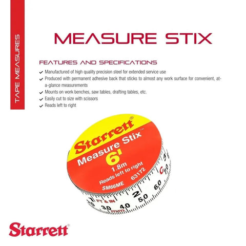 Tape Measure Stix With Easy To Attach Adhesive Backing Mounts On Work Bench Saw Table Or Drafting Table For Quick At A Glance Measurements Three Quarter Inch By Two Meters Six Feet English Metric With Left And Right Reading package front display.