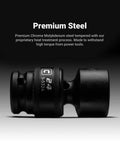 Side view of Universal 15mm Impact Socket For Three Eighths Inch Drive, 6 Point Metric, Swivel 360 Degree Reach, made of chrome moly steel.