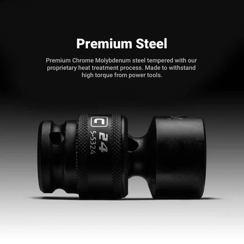 Side view of Universal 15mm Impact Socket For Three Eighths Inch Drive, 6 Point Metric, Swivel 360 Degree Reach, made of chrome moly steel.