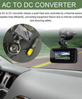 Rugged Ride Ready AC DC Converter Adapter connected in car, converting 100 to 240 V to 12 V for vehicle power supply.