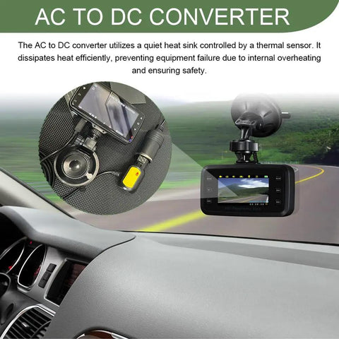 Rugged Ride Ready AC DC Converter Adapter connected in car, converting 100 to 240 V to 12 V for vehicle power supply.