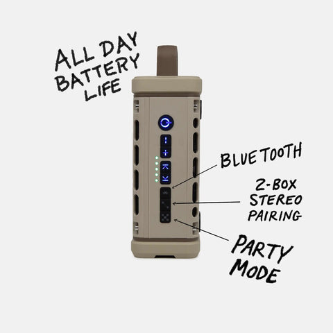 Ranger Outdoor Bluetooth Speaker 5.4, Rugged IP67 Waterproof, Shockproof, Ultra Portable, Tan Finish with controls visible
