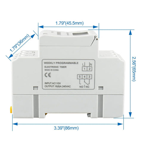 Digital Programmable Timer Switch 110V AC 16A SPDT Relay Weekly Scheduling Timer For Home And Light Industrial Use Auto On Off Easy Install Durable Relay Module For Lights Fans Pumps And Appliances, front view with dimensions