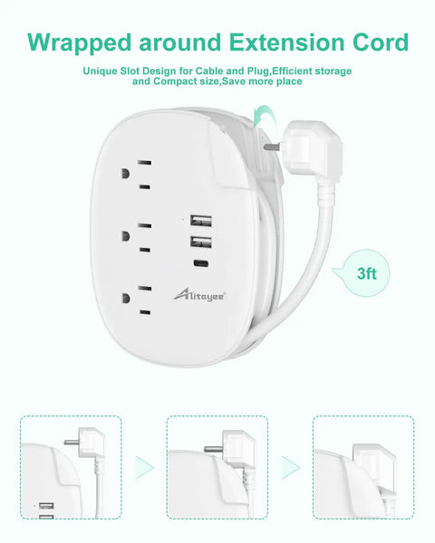US To Europe Travel Plug Adapter With 3 Outlets And 3 USB Ports USB C European Power Strip With 3 Foot Cord wrapped around