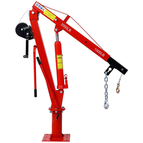 Bedside Warrior 2000 Lb Hydraulic Truck Crane With Manual Hand Winch, red galvanized steel lifting rig for heavy loads.