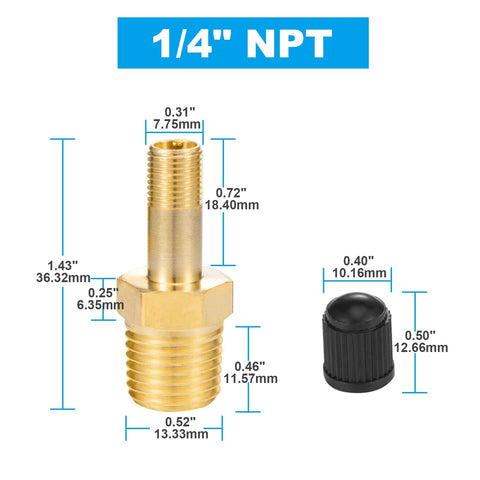 Brass 1/4" NPT inflation Schrader valve with push-to-connect for 1/4" OD air tubing; black cap shown (front view).