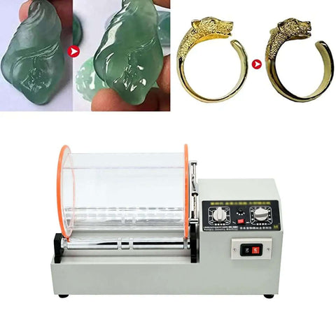 580W Tumbler Polishing Machine With 24Lb Drum, Mini Rotary Jewelry Polisher shown with polished gemstones and rings.