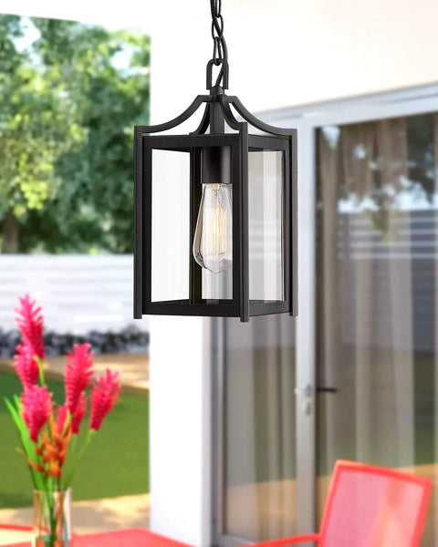 Large 14 Inch Outdoor Pendant Light With Adjustable Chain In Black Exterior Finish And Clear Glass For Porch Foyer Gazebo Patio Dope Modern Hanging Lantern Weatherproof Outdoor Lighting