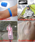First aid kit items collage: blue tourniquet, silver emergency blanket, pink rain poncho, round adhesive bandage.