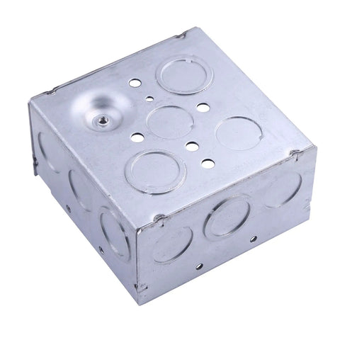 Square Metal Electrical Junction Box 4x4 Inches Two One Eighth Inches Deep Galvanized Steel Drawn Construction With Knockouts