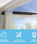 Premium Heavy Duty Pneumatic Storm Door Closer Built Tough As Nails With Smooth Adjustable Quiet Closing And Secure Hold Open Mechanism For Medium To Heavy Outswing Security Doors installed on a door frame with adjustable speed features.