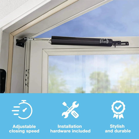 Premium Heavy Duty Pneumatic Storm Door Closer Built Tough As Nails With Smooth Adjustable Quiet Closing And Secure Hold Open Mechanism For Medium To Heavy Outswing Security Doors installed on a door frame with adjustable speed features.