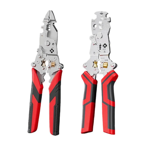 Heavy Duty 12 in One Multi-Tool Wire Stripper For Car Wiring And Electric Jobs Folding Crimping Pliers with red ergonomic handles.