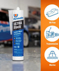 Ultra Black RTV Silicone Gasket Maker for Maximum Oil Resistance, 10.6 Oz Cartridge with product illustrations