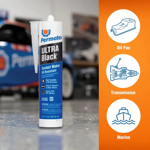 Ultra Black RTV Silicone Gasket Maker for Maximum Oil Resistance, 10.6 Oz Cartridge with product illustrations