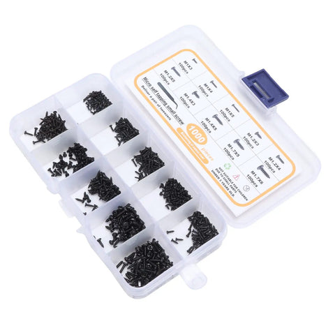 Open box showing Ultimate Handy Self Tapping Screws Set In Carbon Steel With Pan Head Kit And Tweezers Ten Size Range neatly organized.