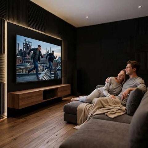 Couple enjoying a movie on a large screen surrounded by 52 Piece Black Acoustic Foam Wall Panels With Heavy Duty Mounting Tape.