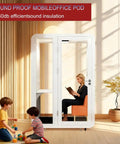 Mobile Office Pod Soundproof Work Booth Modular Privacy Cubicle with woman reading in ergonomic chair, kids playing outside.