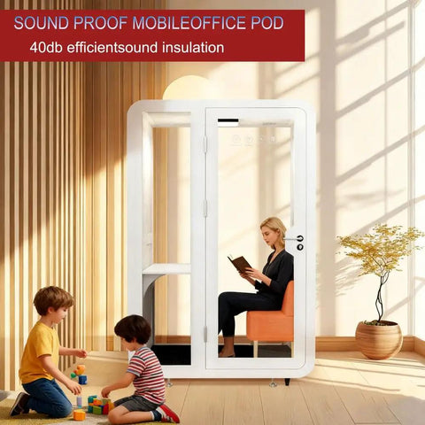 Mobile Office Pod Soundproof Work Booth Modular Privacy Cubicle with woman reading in ergonomic chair, kids playing outside.