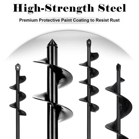 Go-To 4 Pack Garden Auger Drill Bits showing high-strength steel with premium paint coating for rust resistance.