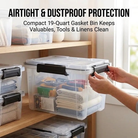 Hella Sturdy 19 Quart Stackable Storage Bin With Airtight Gasket Seal And Clear Body for organizing tools and linens.